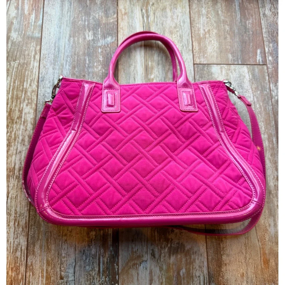 Vera Bradley Trimmed Trapeze Satchel Fuchsia Pink Quilted Nylon Bag